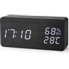 Virklyee Sveglia in Legno Sveglia in Legno con LED Temperatura Display Orologio,3 Livelli di luminosità, Controllo Vocale, USB Ricaricare o alimentato da 4 batterie AAA(Rettangolo Nero)