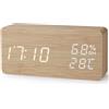 Virklyee Sveglia in Legno Sveglia in Legno con LED Temperatura Display Orologio,3 Livelli di luminosità, Controllo Vocale, USB Ricaricare o alimentato da 4 batterie AAA(Rettangolo Colore legno)