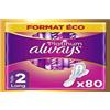 Always Platinum Asciugamani Igienici, Misura 2, Lunghi, 80 Asciugamani Con Alette, Flusso Moderato Giorno, Formato Eco, Morbidi e Flessibili, Super Assorbenti e Ultra Sottile