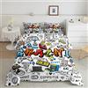 Loussiesd Gamer Set di biancheria da letto multicolore Graffiti Gamepad Biancheria da letto Piumone Giovani Uomo Bambini Reversibile Piumino Hip Hop Set Letto Decor Trapunta Set 135x200cm
