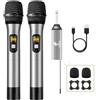 TONOR Microfono Senza Fili, UHF Sistema Microfonico Dinamico a Doppio Cordless in Metallo con Ricevitore Ricaricabile, Set di Microfoni Wireless per Canto Karaoke, DJ, Festa, 60m TW630, Argento