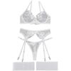 Aranmei Set di Lingerie da Donna 4 Pezzi con Reggiseno con Ferretto in Pizzo Ricamato Floreale con Perizoma Fasce per Cosce e Reggicalze, Blu Rosa, XL