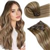 LaaVoo Extension Capelli Veri Clip 60 cm 120 grammi 7pcs Marrone Scuro a Biondo Scuro Highlight Extension con Clip Remy Naturali Liscio Extension Clip Capelli Umani Lunghi Lisci Invisibile #8/16/8