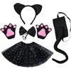 EUPSIIU 5 Pezzi Costume Gatto Bambina, Costume Gatto Carnevale Gonna Tutu Orecchie da Gatto Lungo Coda Guanti Gattino Cravatta a Farfalla Travestimento Gatto Per Halloween Cosplay Festa (Nero)