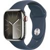 APPLE Watch Series 9 GPS + Cellular, Cassa 41 mm in acciaio inossidabile color argento con Cinturino Sport blu tempesta - S/M