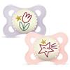 MAM Original Night Succhietto 2-6 Mesi (Set da 2), Ciuccio MAM 2-6 mesi che si illumina al buio con tettarella in caucciù, Kit da 2 accessori neonato con porta ciuccio sterilizzatore, Rosa/Lilla