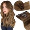 LaaVoo Extension Capelli Veri Clip 60 cm 120 grammi 7pcs Marrone Ombre a Marrone Chiaro Extension con Clip Remy Naturali Liscio Extension Clip Capelli Umani Lunghi Lisci Invisibile # 6/8/14