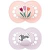 MAM Original Succhietto 16+ Mesi (Set da 2), Ciuccio MAM 16 36 mesi silicone con tettarella ortodontica, Kit da 2 accessori neonato con pratico porta ciuccio sterilizzatore, Rosa/Lilla