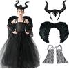 Byhsoep Maleficent Costume da Bambina per Carnevale con Corna e Maniche a Piuma per Carnevale Halloween Cosplay (Schwarz-L)