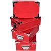 2.J. Set di 4 scatole portaoggetti in cartone rosso con coperchio, angoli e maniglie in metallo. Dimensioni: 23 x 15 x 9, 25 x 16,5 x 10, 27 x 18 x 10,5, 29 x 20 x 11 cm