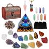 RZOZSZEZ Set di 29 pietre preziose in cristallo, con 7 chakra grezzi e 7 pietre burattate, 7 pietre chakra sferiche, 2 collane di cristallo, piramide di cristallo, set regalo