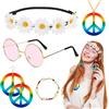 BOFUNX Hippie Costume Accessori Hippie Set Retrò Costume Anni 60 Anni 70 Cerchietto a Margherita Collana e Orecchini con Segno di Pace Occhiali da Festa Hippie Carnevale Cosplay