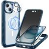 seacosmo Cover per iPhone 15 Privacy Magnetica, Compatibile con Magsafe, Antispy Schermo Integrata in Vetro Temperato, Protezione Fotocamera, Custodia 360 Gradi Antishock Fronte Retro - Blu