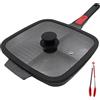 Bobikuke Bistecchiera Antiaderente con Manico Rimovibile e Coperchio, Padella Grill Quadrata 3 Sezioni, Induzione Compatibile 28 x 24 cm - Nero