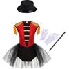 dPois Vestito Domatrice Circo Bambina 4 Pezzi con Cappello Bacchetta Magica Guanti Costume Carnevale Halloween Abito Travestimento Tutu da Balletto Ballerina Pattinaggio Rosso C 7-8 anni