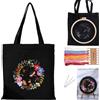 DKDDSSS Kit da Ricamo per Borsa Tela, Kit Ricamo Principianti, Hobby Creativi Adulti, Ricamo Starter Kit, Include Istruzioni, Cerchi da Ricamo e Borsa di Tela con Motivo Floreale(Nero)