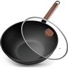 Jobin 33cm/5,6L Wok Antiaderente in Acciaio al Carbonio con Coperchio - Padelle Senza Rivestimento Chimico - Può Cucinare Piatti Asiatici per 4-6 Persone - Adatto a Tutti i Fornelli