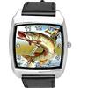 Taport® Orologio quadrato in pelle nera al quarzo per appassionati di pesca E3
