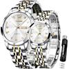 OLEVS Coppia di orologi al quarzo per coppie, con calendario luminoso, datario, 3 ATM, impermeabili, casual, in acciaio inox, per uomini e donne, amanti del matrimonio, regali romantici, set di 2, Oro
