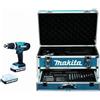 Makita HP488DAEX2 - Trapano avvitatore a percussione 13 mm + 2 batterie 18 V 2 Ah Li-ion + 60 accessori + valigetta in alluminio
