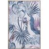 DRW Quadro tela con cornice in legno naturale con fiori e uccellino toni blu e malve 122,6 x 82,6 x 4,3 cm