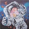 DRW Quadro tela astronauta con fiori e farfalle dipinto a mano 40% 100x100x3 cm