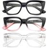 Kodilin 3 Pack Occhiali da lettura donna Oversized Square Anti Luce Blue Computer Lettori Uomo con cerniera a molla (+3.5, nero rosa trasparente)