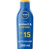 NIVEA SUN Latte Solare Protect & Hydrate FP 15 200 ml, Crema solare 15 che idrata per 48h, Protezione solare 15 resistente all'acqua con vitamina E antiossidante