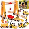 Atoylink Veicoli Da Cantiere Giocattolo in Legno per Bambini, Magnetico Veicoli con Gru a Cavalletto, Escavatore, Rullo compressore, Carro Attrezzi, Veicoli da Costruzione in Legno Regalo Bambini 2 3 4 5 anni