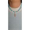 Collana perle irregolari di fiume+perle di majorca+tondi pasta di turchese+croce