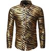Uomo Metallizzato Lucido Zebra Stampa Camicia Maglia Manica Lunga Showman Casual