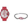 Diesel Mega Chief Orologio da uomo e bracciale in acciaio - movimento cronografo, smalto rosso e acciaio inossidabile