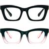 Kodilin 2 Pacco Occhiali da Lettura Vintage Oversize Square Frame Grande Retrò Quadrati Rettangolar Anti Luce Blu per Donna Cerniera a molla Nero+Nero Rosa 3.0
