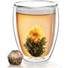 Creano Bicchiere XXL a Doppia Parete - Vetro Termico Borosilicato Capacità 400ml Ideale per Caffè Tè e Bevande Calde EXTRA: incluso un Fiore di Tè -Idea Regalo Donna Uomo 1x 400ml con Tè Fiorito