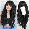 HAIRCUBE Parrucca Onda Lunga con Pony per le Donne Natura Resistente al Calore Parrucche Sintetiche con Pony Cosplay quotidiano (Natura Nera)