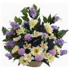 DRW Centro di fiori artificiali viola e bianco per cimitero, matrimoni, chiese con gerbere, margherite e orchidee 67x62x22 cm
