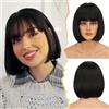 BARSDAR Nero Corto Bob Parrucca con Frangia,Corto Bob Nero Parrucca con Frangia per Donna 30cm Chin-Length Aspetto Naturale Sintetici Capelli Parrucche Halloween Costumi Festa Bobs