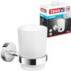tesa SMOOZ Portabicchiere - Porta Spazzolino e Dentifricio a Parete senza Perforazione, in Metallo Cromato, Inossidabile e Vetro Satinato - Impermeabile - Colla Rimovibile Inclusa