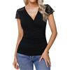 Gyabnw Magliette Donna Manica Corta Elegante Pizzo T Shirt Maglietta con Scollo a V Incrociato Eleganti Sottogiacca Top Blusa, Nero L