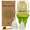 Nakungoo Cup Coppetta Mestruale Morbida 100% Silicone Medicale Certificata, Anallergica, Riutilizzabile per Flusso Abbondante | Kit Completo 2 Taglie (S e L) con Sterilizzatore, Sacchetta e Spazzolina