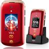 VOCA V543 4G Telefono Cellulare per Anziani, Cellulare con apertura a conchiglia, Tasti Grandi, Volume alto, tasto SOS e base di ricarica (Rosso)