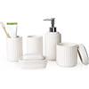 NOVAJOY Set da bagno in ceramica - 5 pezzi, organizer da bagno con dispenser di sapone, portasapone, porta spazzolino, contenitore di cotone, set di decorazione da bagno di alta qualità (beige bianco)