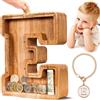 Summidate Salvadanaio Legno Bambini, Porcellino Salvadanaio Trasparente Lettera A-Z, Regalo Educativo Compleanno e Battesimo Personalizzabile con Adesivi per Ragazzi e Ragazze