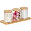 Relaxdays Porta Cotton Fioc, Bagno, 3 Box in Plastica per Dischetti di Cotone, Coperchi in bambù, Naturale Trasparente, 11 x 27 x 9,5 cm