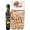 Norcinus Tartufi, confezione regalo con 500 grammi di pasta artigianale al tartufo nero da grano coltivato e lavorato in Italia + 250 ml di olio extravergine di oliva italiano al tartufo bianco.