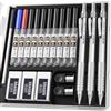 Nicpro 3 Pezzi 2mm Metallo Matite Meccaniche Astuccio, Art Portamine Falegname Set con 10 Tubi Mine (HB 2H 4H 2B 4B)(Nero, Colors), 3 Gomma 2 Temperamatite Astuccio per Artista Disegno Scrittura