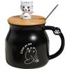 EeAaSsTy Graziosa tazza da caffè in ceramica, motivo gatto, tazza da tè con coperchio in legno e cucchiaio in acciaio inox, regalo per gli amanti dei gatti, 350 ml (nero)