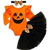 Geagodelia Completi Neonata Halloween Lettera Strega Zucca Stampa Manica lunga Romper + Tutu Mesh Gonna Fascia 3Pcs Vestiti Autunno Outfits Il mio primo Halloween (Arancione & Nero 07, 0-3 mesi)