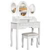 Meerveil Moderno Tavolo da Toeletta con 7 cassetti e 3 specchi ovali girevoli, Set Specchiera Tavolo Cosmetici Mobile da Trucco da Toeletta,stabili Sgabello in Legno Bianco