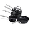 PRESTIGE Set di pentole antiaderenti - Set di 5 padelle per piano cottura a induzione nero con pentole da 16 cm, 18 cm e 20 cm con coperchio, padella antiaderente da 29 cm e padella per latte